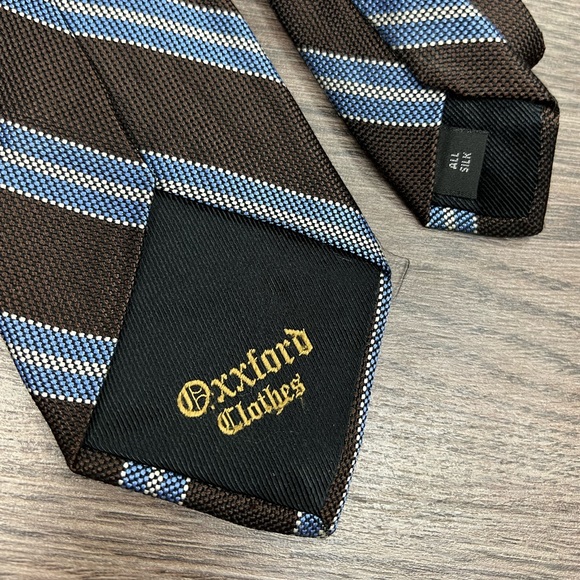 Oxxford Clothes Brown w/ Blue & White Stripe Silk Tie - Picture 4 of 5
